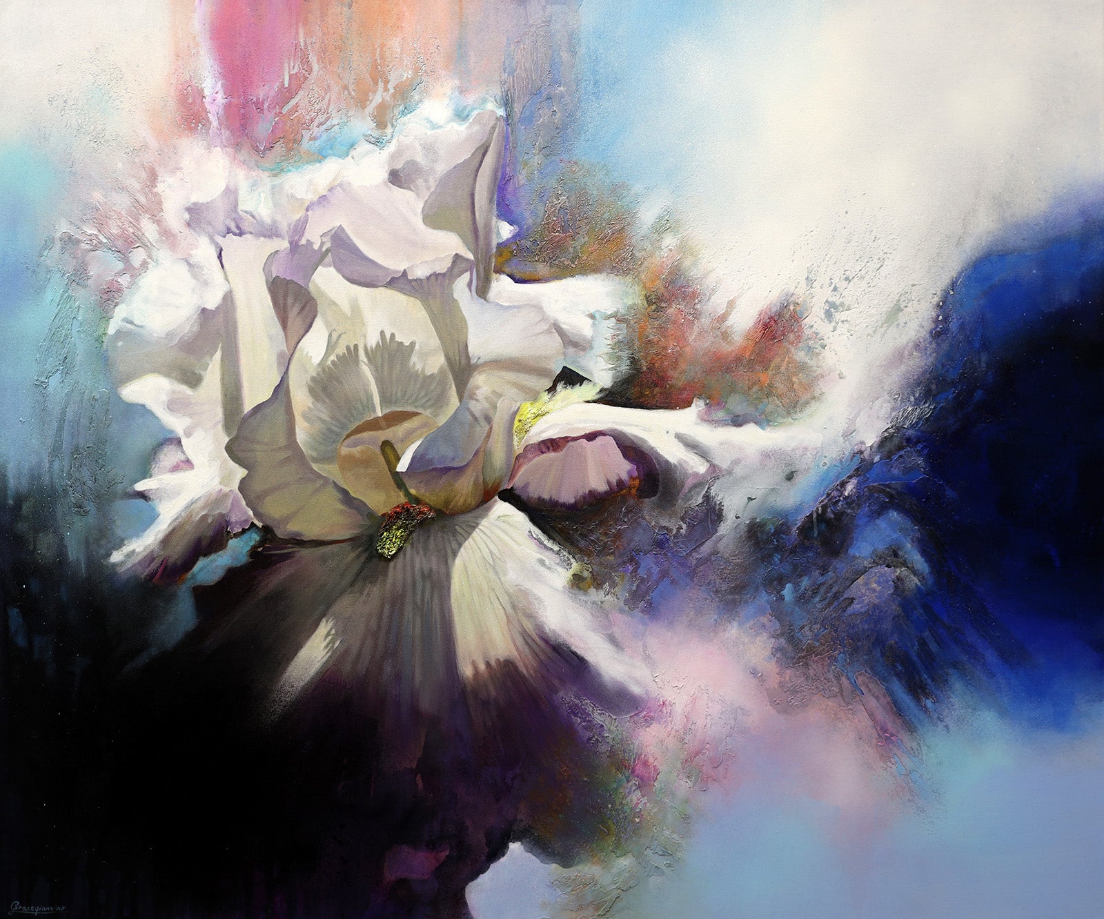 Floral “Body Mind Spirit #13” by Qian Xiao – mixed media on canvas.