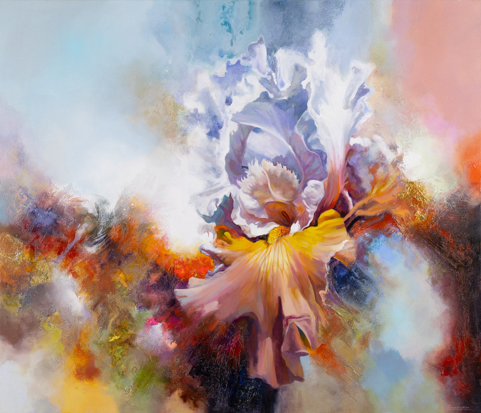 Floral “Body Mind Spirit #28” by Qian Xiao – mixed media on canvas.