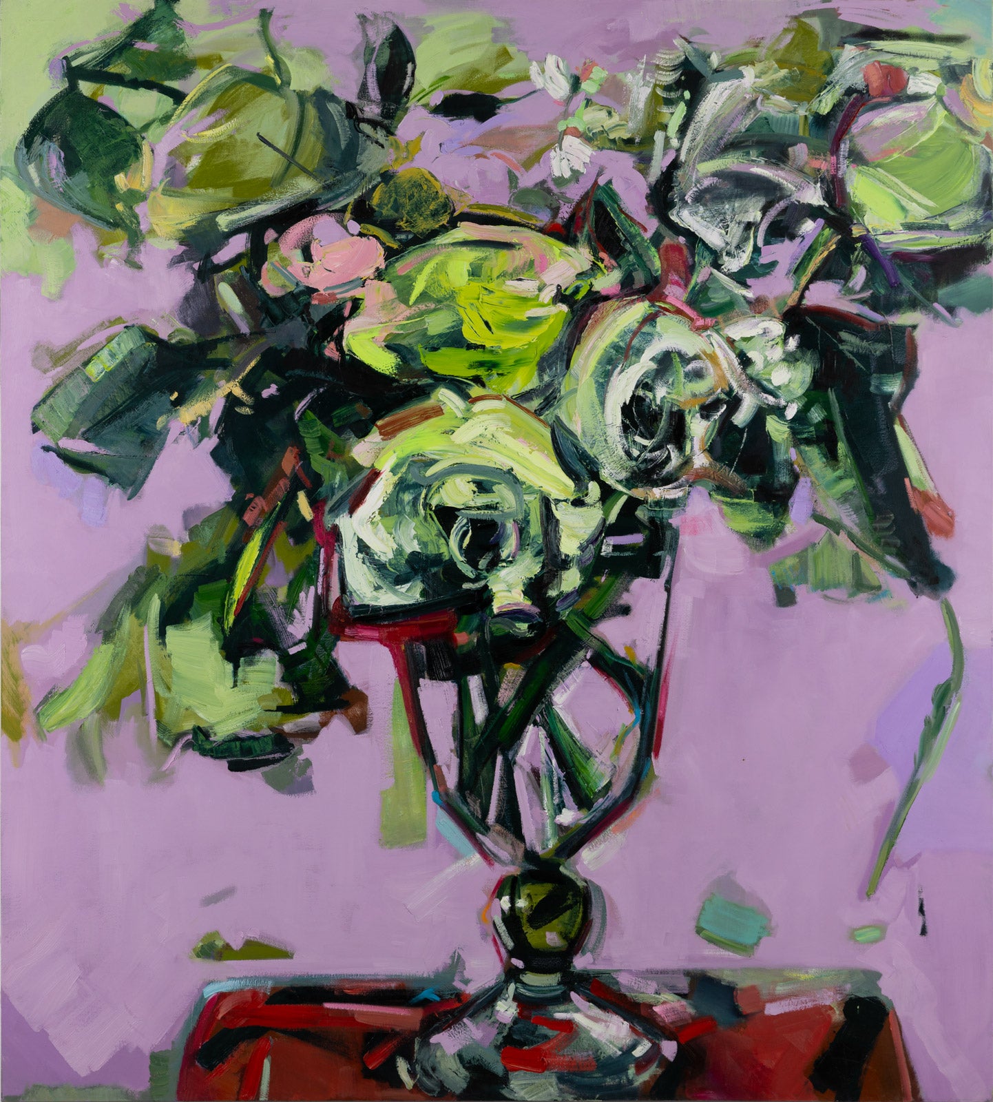 Floral “Still Life In Green & Mauve” by Lorena Ziraldo – oil on canvas.