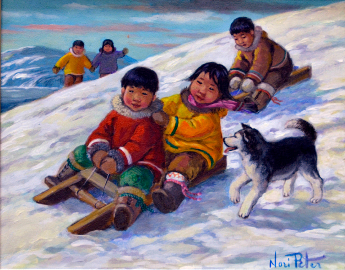 Figurative “Down The Hill” by Nori Peter – oil on panel.
