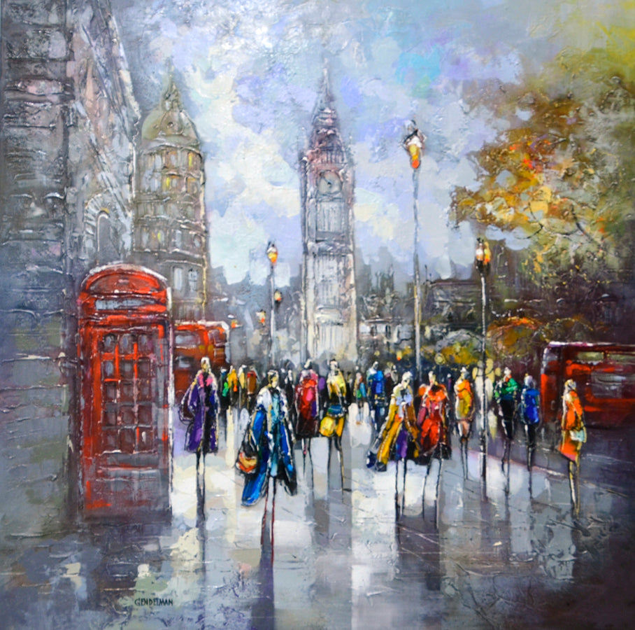 Cityscape “London Phone Booth” by Irena Gendelman – acrylic on canvas.