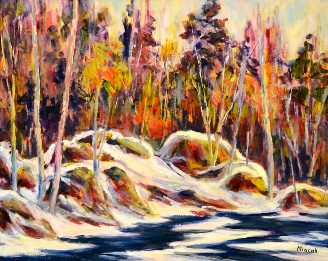 Landscape “First Snow, Woods & Rocks” by John Mlacak – oil on canvas.