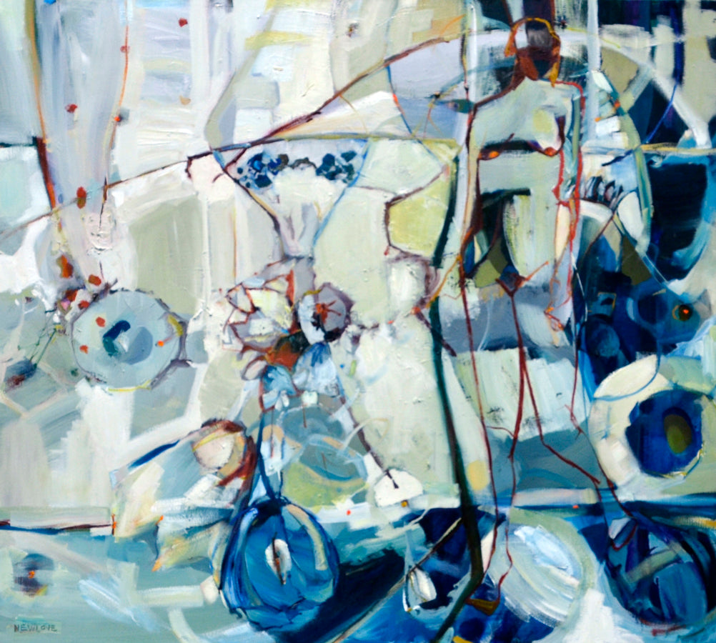 Figurative “Upside Down: She Walked Past A Vase Of Flowers” by Tina Newlove – oil on canvas.